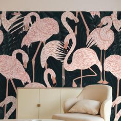 St. Croix Wallpaper with flamingo pattern by Wall Blush SG02 in a stylish living room. Orange Peel Wall Texture, Wall Blush, Girls Room Wallpaper, Orange Peel Texture, Concrete Wallpaper, Flamingo Wallpaper, Elegant Wallpaper, Big Wall Art