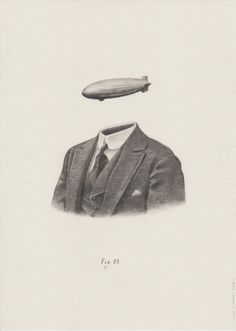 a drawing of a man in a suit with an object above his head