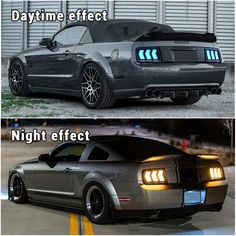 two pictures side by side with the same car in different stages and one showing it's headlights