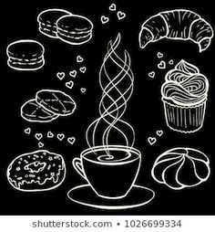 coffee, donuts and croissants drawn in chalk on a blackboard