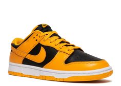 Taken from the original 'Iowa' colorway from the 1985 series 'Be True to Your School' is the Nike Dunk Low 'Goldenrod.' Like the original high-top edition, it features a simple two-tone color scheme throughout the leather upper with a solid black base and contrasting yellow overlays. Standard branding elements include a woven Nike tag on the black nylon tongue and a Nike wordmark embroidered on the heel tab. It rides on a durable rubber cupsole that pairs white sidewalls with a yellow rubber out Sneaker Stores, Sneaker Games, Latest Sneakers, Best Sneakers, Nike Dunk Low, Black Accents, Dunk Low, Basketball Players, Black Nylons