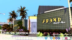 an animated image of a building with palm trees in the foreground and other buildings behind it