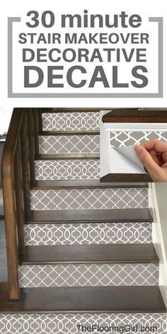 stairs with the words 30 minute stair makeover decorative decals on it and someone painting them