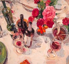 a painting of flowers and wine glasses on a table with plates and utensils