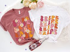 "This Retro Bachelorette Shirt shirt is perfect for each party goer at the Bachelorette party.   ♥ HOW TO ORDER ♥ 1. Select the \"Shirt Style + Size\" (see images for options). 2. Select the \"Shirt Color\" 3. Enter custom text under Personalization.  4. Add to cart and checkout  S I Z I N G   &   C O L O R S - Please refer to sizing and color charts in the images U N I S E X    T S H I R T  P R O D U C T   D E T A I L S - Printed with ink - Unisex Tshirt - The collar is ribbed knit, so it retains its shape even after washing. - Loose fit for a comfortable feel F A B R I C A T I O N  - Solid colors are 100% cotton except Ash - 99% cotton and 1% polyester,  - Heather colors are 52% cotton, 48% polyester (Athletic Heather and Black Heather are 90% cotton, 10% polyester) C A R E    I N S T R Retro Short Sleeve Top For Birthday, Retro White Top For Birthday, Vintage Party Tops With Letter Print, White Custom Print T-shirt For Party, Vintage Letter Print Tops For Party, White Custom Print Party Top, White Groovy Short Sleeve Tops, Retro Graphic Print Tops For Party, Retro Party Tops With Graphic Print