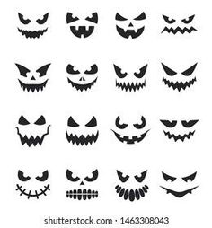 a collection of halloween pumpkin faces with different expressions and shapes, all in black on white