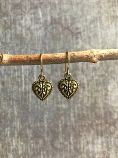 Vintage Gold Heart Earrings Nickel Free, Handmade Brass Earrings For Valentine's Day, Vintage Gold Nickel-free Heart Earrings, Handmade Brass Heart Dangle Earrings, Brass Heart Charm Earrings For Gifts, Brass Heart Charm Earrings As Gift, Heart Charm Brass Earrings As Gift, Brass Heart Drop Earrings, Nickel Free Gold Brass Heart Earrings