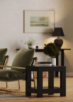 a living room with two chairs and a coffee table