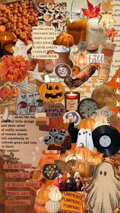 a collage of pumpkins, jack - o - lanternes and other items