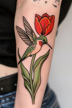 Colorful Tulip Tattoo, American Traditional Tulip Tattoo, Book And Flower Tattoo, Tulip Flower Tattoo, Yellow Bird Tattoo, Tulip Tattoos, Hummingbird Flower Tattoos, Flower Tattoos For Women, Single Tulip