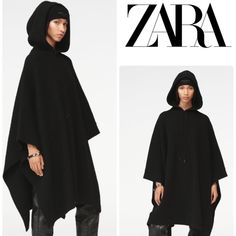 From Steven Meisel X Zara Collection, An Oversized Poncho Made Of 100% Wool Yarn. V-Neckline With Hood And Long Cape Style Sleeves. Adjustable Hood With Tonal Drawstring. Cape Style Sleeves. Textured Fabric Detail. Side Vents. The Quality Of Material Is Great, Overall Is Heavy Weighed. Seems More Like One Size Fits All. Size M Brand New. Oversized Black Cape For Spring, Black Oversized Cape For Spring, Chic Oversized Black Cape, Chic Black Oversized Cape, Chic Oversized Cape With Batwing Sleeve, Black Cape Poncho For Work, Black Workwear Poncho Cape, Chic Black Cape For Spring, Elegant Oversized Black Cape