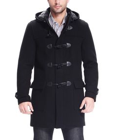 in stock Classic Black Pea Coat For Cold Weather, Black Winter Pea Coat With Horn Buttons, Duffle Coat, Detachable Hood, Big And Tall, Big & Tall, Wool Blend, Pick Up, In Store