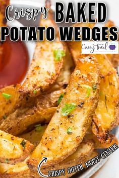 crispy baked potato wedges on a plate with ketchup