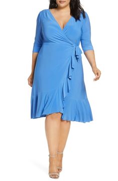 Kiyonna Whimsy Wrap Dress (Plus Size) | Nordstrom Escada Dress, Cocktail Dress Blue, Best Wedding Guest Dresses, Fab Dress, Three Quarter Sleeve Dresses, Surplice Dress, Long Sleeve Wrap Dress, Dresses Blue, Slim Fit Dresses