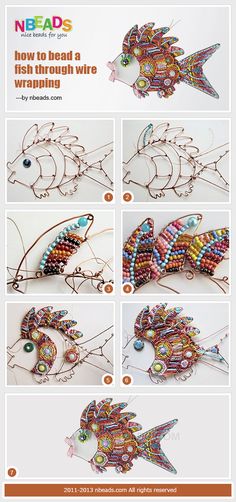 the instructions for how to bead a fish with wire and beads on it's head