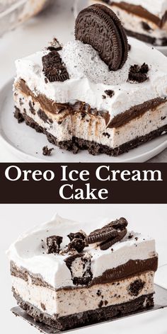 an oreo ice cream cake on a white plate with the words oreo ice cream cake above it