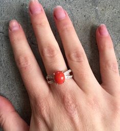 Coral Ring set with a Natural Red coral sourced from Sardinia Italy (8x6mm, 2 Carats) in a rare smooth quality, with CZ Diamonds on double band. Vintage Ring design made of Solid 925 Sterling Silver (no “coating" ☞ only Solid Pure Silver - made to last). March Birthstone - Genuine & Natural Stone ❀ ⌛Last Ring left ⌛ ☞ Choose your size ☞ I resize (before shipping) for FREE to Any size* ❀ Each Natural Gem is unique & will have Slight variations from the product pictures "no two Natural Stones are Coral Stone Ring, Red Coral Ring, Red Gemstone Ring, Orange Ring, Vintage Silver Rings, Sardinia Italy, Coral Pendant, Coral Ring, Real Jewelry