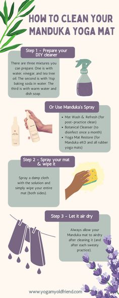 This is a complete guide on how to clean your Manduka yoga matLearn exactly how to make a DIY cleaner or use Manduka's spray cleaners. Yoga Mat Cleaning, How To Clean Yoga Mat, Diy Cleanser, Manduka Yoga Mat