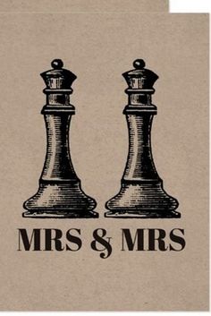 two black and white chess pieces with the words mrs & mr's on them