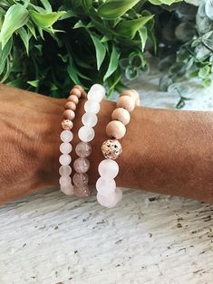 Pink Quartz gemstone bead bracelet stacking set rose wood | Etsy Boho Bracelets Diy, Rose Gold Beaded Bracelet, Blush Jewelry, Mala Beads Bracelet, Gold Beaded Bracelet, Bracelet Stacking, Jewerly Beads, Diy Bracelets Easy, Beads Bracelet Design