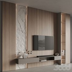 a modern living room with stone walls and shelves on either side of the wall is a flat screen tv