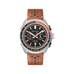 Built on Bulova’s vibrant history in motorsport, the Racer men's chronograph watch is fine-tuned and designed for performance. 42mm sporty curved stainless steel case with two-tone orange and black tachymeter aluminum bezel Textured black dial, luminous silver-tone hands and markers, orange accents, two chrono sub-dials, date display and anti-reflective sapphire crystal Quartz chronograph movement Perforated brown leather racing-style strap; buckle clasp Water-resistant to 100 meters Luxury Sports Chronograph Watch With Subdials, Sports Chronograph Watch With Tachymeter, Functional Round Dial Watch With Tachymeter, Functional Watch With Tachymeter And Round Dial, Modern Chronograph Watch With Tachymeter For Sports, Modern Sports Chronograph Watch With Tachymeter, Luxury Sports Watch With Tachymeter, Sporty Chronograph Watch With Subdials For Sports, Sporty Watches With Tachymeter For Sports