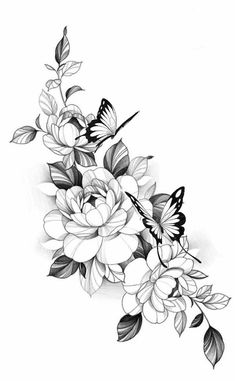 a black and white drawing of flowers with butterflies on the top of each flower branch