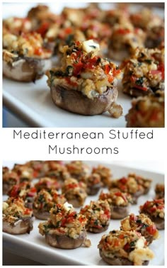 mushrooms stuffed with cheese and vegetables on a white platter, next to the recipe for mediterranean stuffed mushrooms