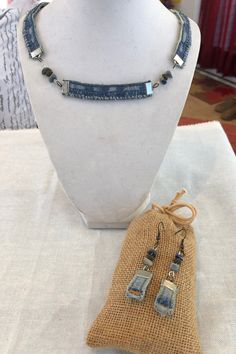 DENIM DELIGHT: Denim Link Necklace W Lapis & Bronze Bead Stations. Coordinating Earrings. Recycled Materials. Adjustable. 2pc Set. - Etsy Handmade Blue Denim Jewelry, Blue Denim Jewelry As Gift, Beaufort Sc, Lapis Lazuli Jewelry, Recycled Denim, Station Necklace, Beaded Dangle Earrings, Dangling Earrings, Beaded Dangles