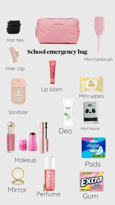 so cute eee💞💞💓 Emergency Kit For School Period, What To Put In Your School Bag Grade 6, Emergency Kit For School 7th Grade, Girl Bag Essentials For School, That Girl School Bag Essentials, Things To Put In School Bag, School Emergency Kit Essentials, School Bag Needs, School Pouch Essentials