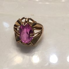 14kt Art Deco Ring With Pink Stone Estate Find Questions Welcomed Elegant Pink Gold Jewelry With Center Stone, Formal Pink Gold Ring With Center Stone, Formal Pink Amethyst Ring, Elegant Pink Amethyst Ring Hallmarked, Classic Pink Gold Rings For Formal Occasions, Elegant Yellow Gold Amethyst Open Ring, Elegant Pink Sapphire Ring For Formal Events, Gold Oval Amethyst Ring In Art Deco Style, Classic Pink Amethyst Ring For Formal Occasions