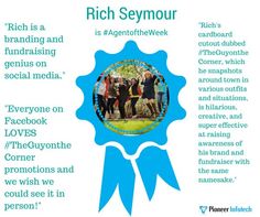 a blue ribbon with the words rich seymour is a branding and advertising genius on social media