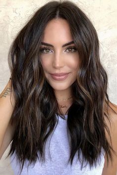 25 Bombshell Hair Color Ideas for Brunettes - Your Classy Look Hair Front Layers Long, 2023 Dark Brunette Hair Trends, Medium Brown To Dark Brown Hair Before And After, Renee Brown Hair, Top Hair Trends 2023, Tia Booth Hair Dark, Vibrant Chocolate Brown Hair, Dark Brown Hair 2023 Trends, Long To Medium Length Haircut