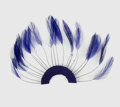 a blue and white fan with feathers on it's side, against a white background