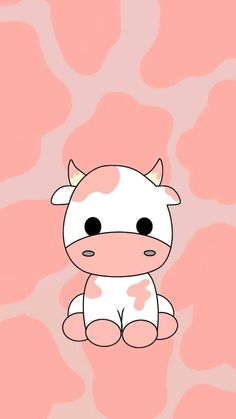 a cartoon cow sitting in front of a pink background with white spots on it's face