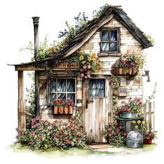 a watercolor painting of a house with potted plants and flowers on the outside