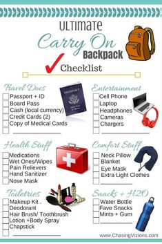 the ultimate carry on checklist is shown in this graphic diagram, which includes travel items and