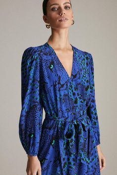 Petite Leopard Head Woven Wrap Midi Blue Faux Wrap Dress For Party, Wrap Dresses With Tie Fastening, Blue Wrap Dress With Surplice Neckline For Work, Blue Wrap Dress With Surplice Neckline For Formal Occasions, Blue Surplice Neckline Wrap Dress For Work, Blue Formal Wrap Dress With Surplice Neckline, Formal Fitted Wrap Top, Blue Maxi Wrap Dress With Tie Waist, Blue Belted Wrap Dress