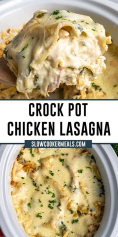 crock pot chicken lasagna in a white casserole dish