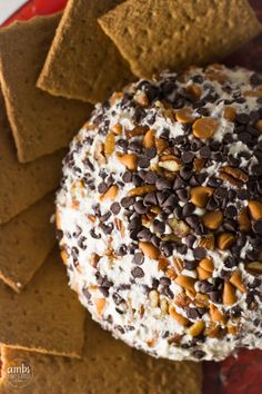 a plate with crackers and chocolate chips on it