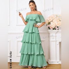 It Is From Shein But It Is Very Nice Quality, Nwt, And Never Worn Except For Try-On Mint Maxi Dress, Mint Green Chiffon Dress, Green High-low Hem Maxi Dress For Summer, Summer Green Maxi Dress With High-low Hem, Green Pleated A-line Maxi Dress, Shein Dress, Maxi Dress Formal, Maxi Dress Green, Mint Green