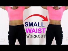 a woman in pink shirt and black pants standing next to a wall with the words small waist workout written on it