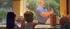 an animated image of a man standing in the kitchen with two children looking at him