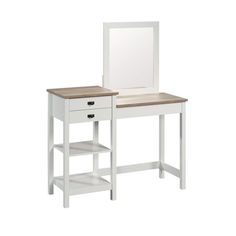 a white dressing table with a mirror and shelf on it's side, against a white background