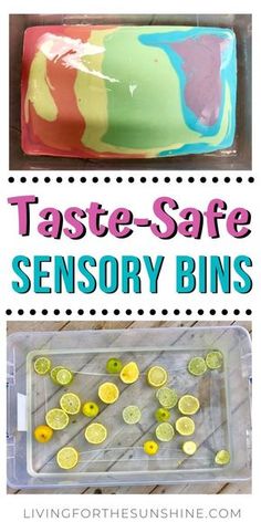 a cake with lemon slices on it and the words taste - safe sensory bins