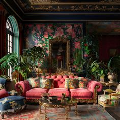 #livingroomdesign #interiordesign #pinkcouch #floralaccents #velvetcouch  This living room is a beautiful example of how to use color and pattern to create a warm and inviting space. The pink velvet couch is the focal point of the room, and its rich color is complemented by the floral accents on the pillows and walls. The green plants add a touch of freshness, and the overall look is one of elegance and sophistication. Choose a statement piece. The couch is the statement piece in this room, so make sure to choose one that you love. Consider the color, style, and size of your couch before you buy it. Eccentric Bedroom, Vogue Decor, Eclectic Bedroom Design, Eccentric Home, Maximalist Interior Design, Glamorous Decor, Bedroom Design Inspiration, Estilo Real