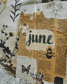 an altered photograph with the word june on it's side, surrounded by flowers and butterflies