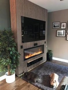 a dog laying on the floor in front of a fireplace with an open fire place