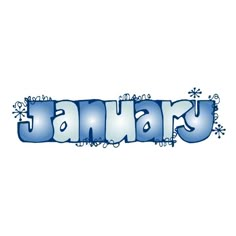 the word january written in snowflakes on a white background with blue and silver lettering