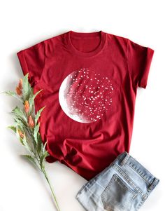 ✿ WELCOME TO MY SHOP ✿ More Shirt ► https://www.etsy.com/shop/igetherproject Material : Cotton 100% Sleeve length : Short sleeve Women Fit. Printed with eco-friendly water-based inks. Quality: Premium T-Shirt ** Size : T-shirts Asia fits, please ensure size before purchase on listing, ** After washing, there may be a slight shrinkage of about 1 inch of the shirt. ■ WASHING INSTRUCTIONS ■ Turn garment inside out. Hand wash. Lay flat to dry. Do not bleach/dry-clean Do not iron directly onto the pr Red Star Print Crew Neck Tops, Trendy Crew Neck T-shirt With Moon Print, Red Short Sleeve Top With Star Print, Trendy Cotton T-shirt With Moon Print, Red Cotton T-shirt With Star Print, Graphic Tee Shirt With Moon Print, Cotton Crew Neck Shirt With Star Print, Moon Shirt, Cute Jackets